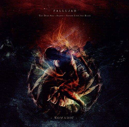 Album cover art for "Fallujah - Nomadic" featuring a person surrounded by flames.