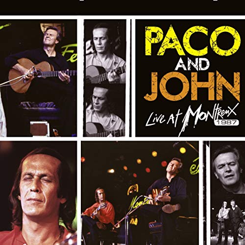 A collage of photos of Paco de Lucia and John McLaughlin playing guitar on stage.