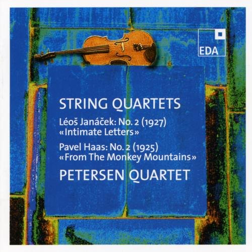 A blue album cover with a violin and white text describing string quartets.