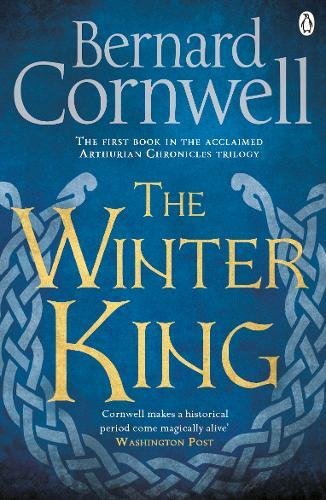"The Winter King" book cover with Celtic knotwork and blue background, featuring title in yellow.