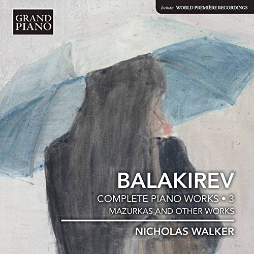 "CD cover featuring abstract painting of a woman with umbrella, text 'Balakirev' and 'Nicholas Walker'."