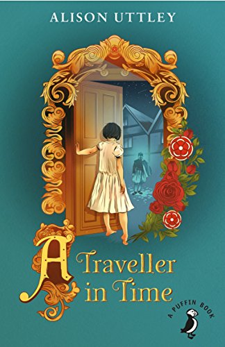 The image depicts a book cover with a girl standing in an ornate doorway. Alt text: Book cover with girl in ornate doorway, red roses, and teal background.