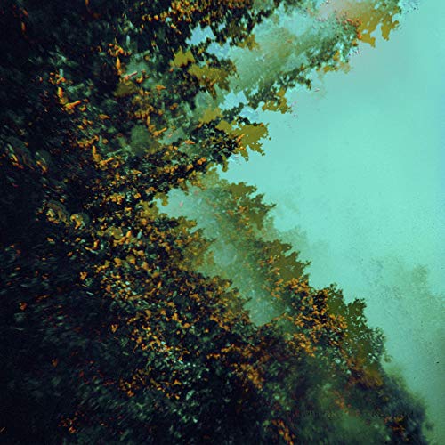 The image depicts a vibrant, abstract scene with a predominantly turquoise sky and dark foliage. "Dark trees with orange leaves against a bright turquoise sky."