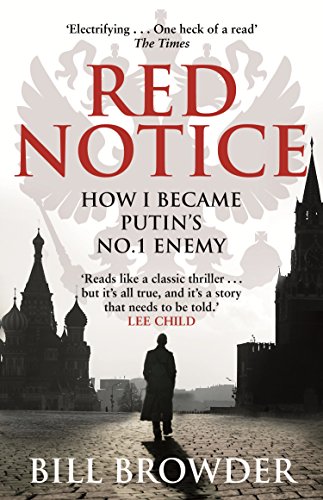 "Book cover with red star, black title 'Red Notice', and Kremlin image in black and white."