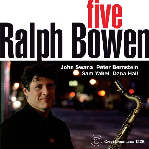 "Album cover with man holding saxophone, city lights in the background."