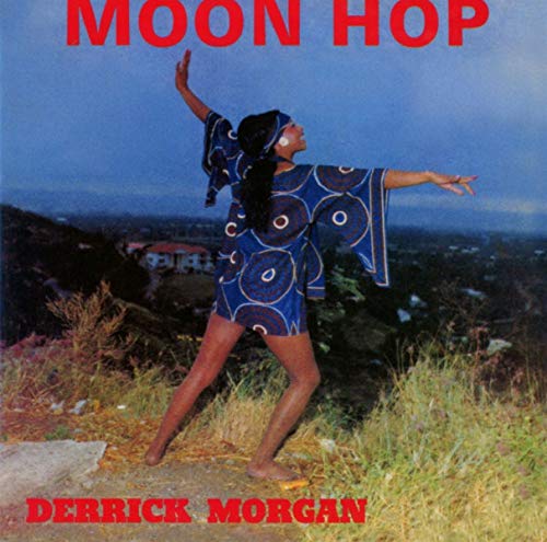 Album cover: woman in blue patterned dress dancing on a hill with red text.