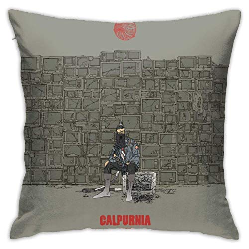 A gray pillow featuring a man sitting in front of a wall of televisions.