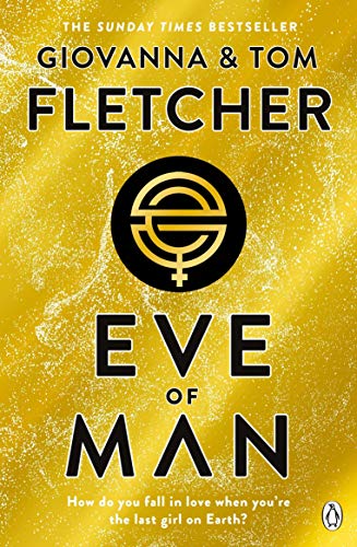"Eve of Man" book cover with a black background, gold speckles, and a flying bird.