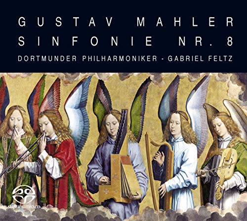 "CD cover featuring angels playing instruments, with text on a black background."