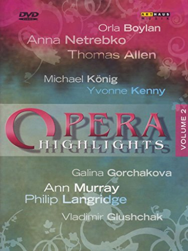 "Opera Highlights DVD cover with pink and blue background, listing opera performers' names."