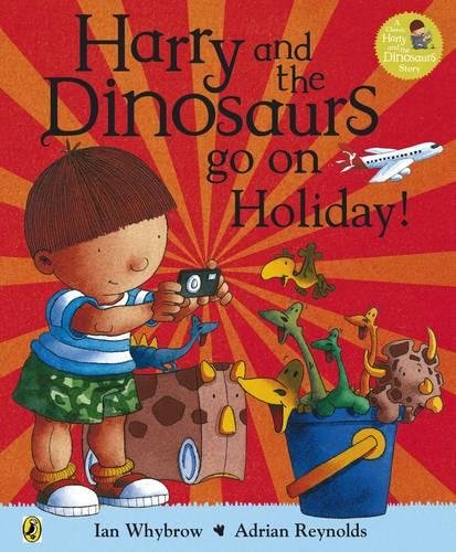 "Children's book cover showing a boy with dinosaurs in a bucket on a beach."