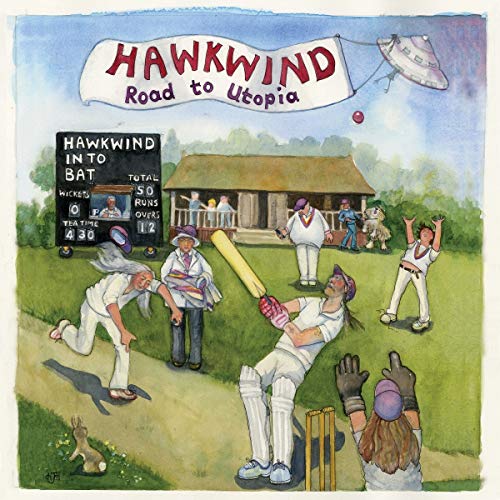 "Hawkwind album cover featuring cartoon cricket players with a UFO in the background."