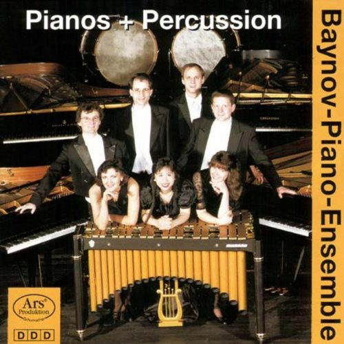 A CD cover featuring a group of musicians with pianos and percussion instruments.