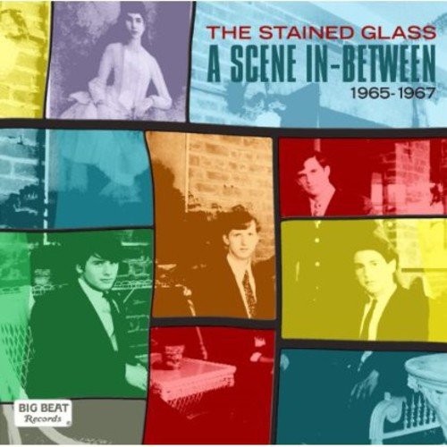 "CD cover with multicolored grid of photos and text 'The Stained Glass A Scene In-Between'."