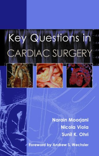 The image is a book cover titled "Key Questions in Cardiac Surgery." An appropriate alt text could be: "Purple book cover with 'Key Questions in Cardiac Surgery' and heart images."