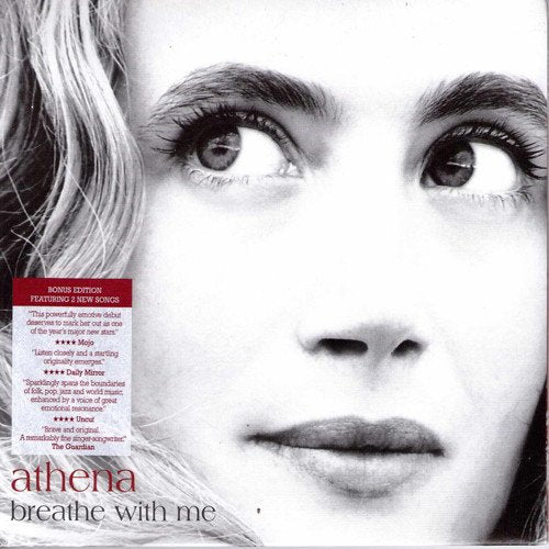 "Black and white close-up of a woman's face with 'athena breathe with me' text."