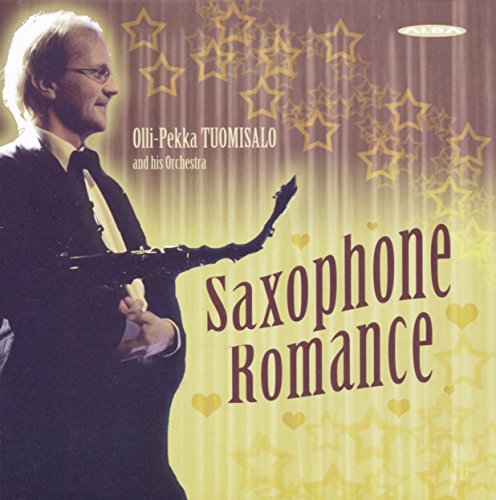 "Saxophone Romance CD cover featuring a man holding a saxophone, yellow starry background."