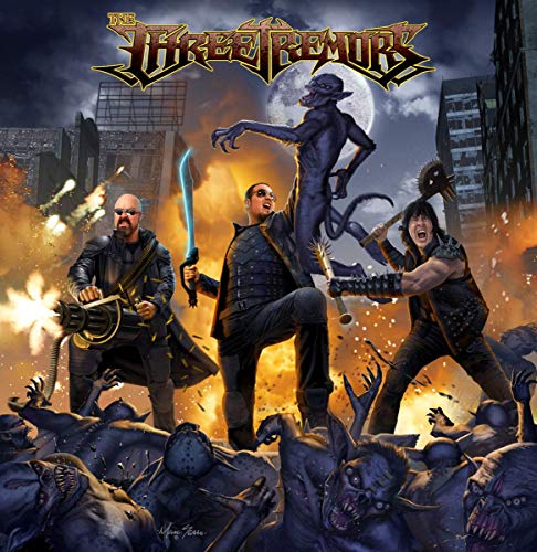 "Vinyl album cover featuring three men fighting monsters in a cityscape."