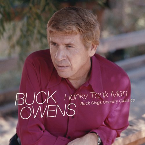 "CD cover featuring Buck Owens in a red shirt with overlaid text."