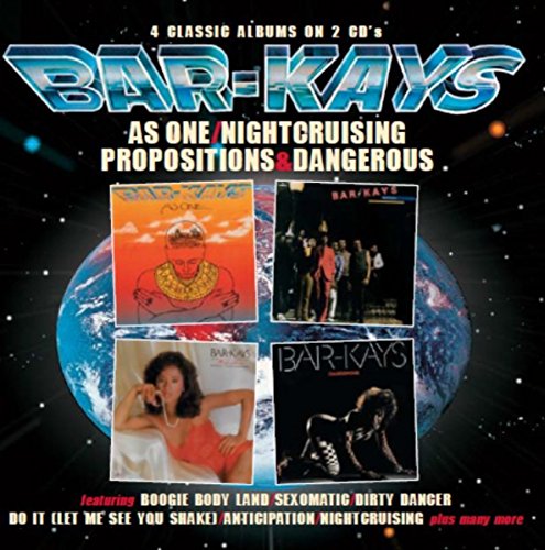 "CD cover art for Bar-Kays compilation album featuring four album covers and space background."