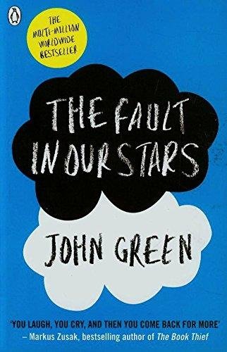 "The Fault in Our Stars" book cover with black and white clouds on blue background.