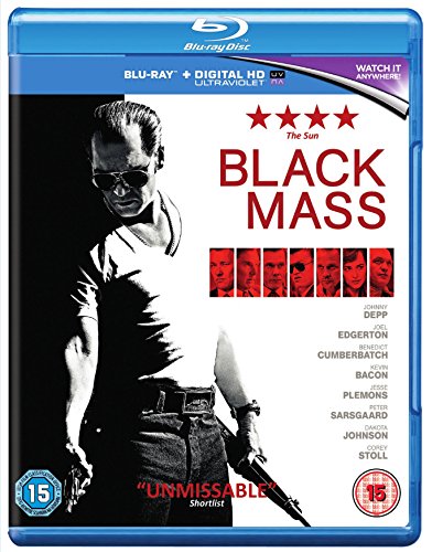 "Blue Blu-ray case with 'Black Mass' cover featuring Johnny Depp holding a gun."