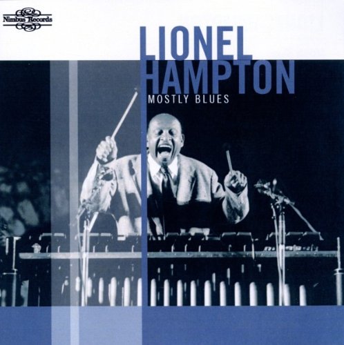"Album cover featuring Lionel Hampton playing vibraphone with drumsticks, with blue and white design."