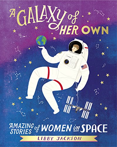 "Book cover featuring a female astronaut floating in space with a planet and stars."