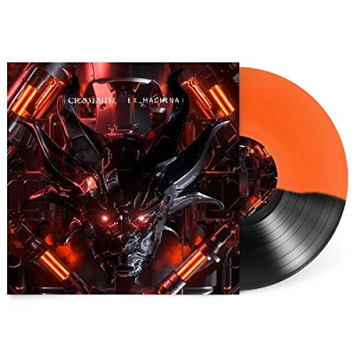 Orange and black vinyl record with robotic cover art featuring glowing red eyes.