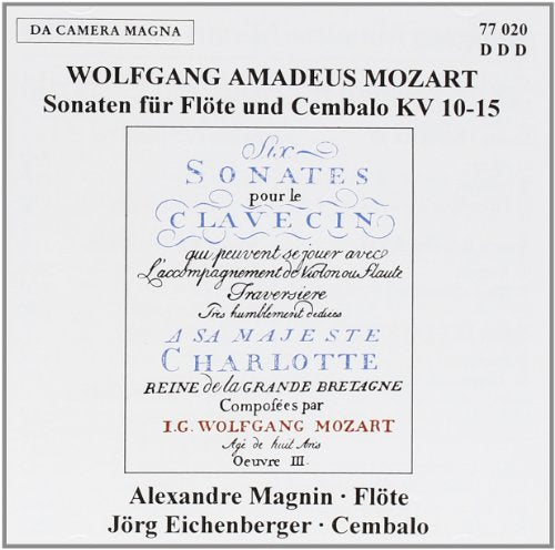 A CD cover featuring Mozart's flute sonatas with decorative title page and performer names.
