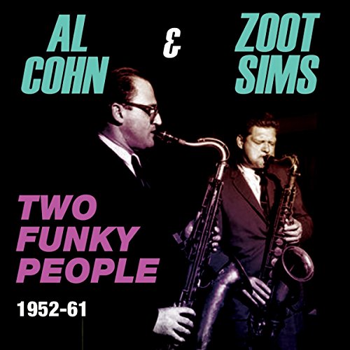 Jazz album cover with two men playing saxophones, black background, colorful text overlay.