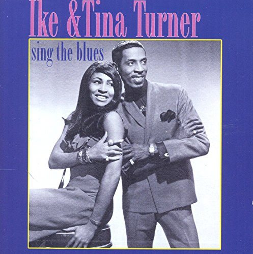 "CD cover with black and white photo of Ike and Tina Turner on blue background."