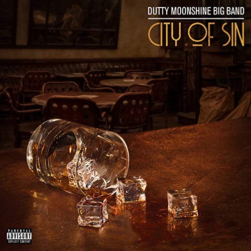 "Album cover with a knocked-over glass and ice on a table in a dimly lit bar."