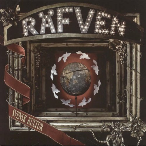 "Album cover with 'RAFVEN' in lights, red ribbon, and ornate frame."