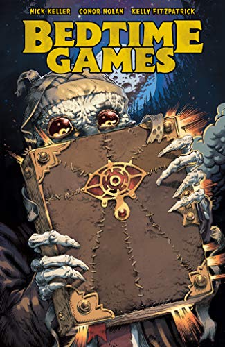 "Comic book cover featuring a monster holding a leather-bound book with glowing symbol."
