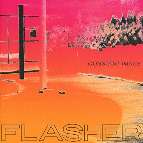 "Album cover with 'Flasher' in bold font, featuring a volleyball court in pink and orange."