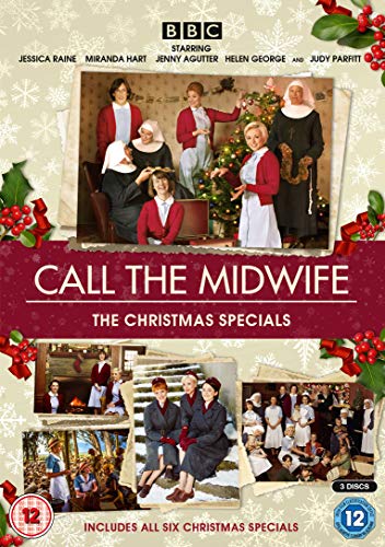 "Call the Midwife Christmas Specials DVD cover featuring scenes from the show, holly, and snowflakes."