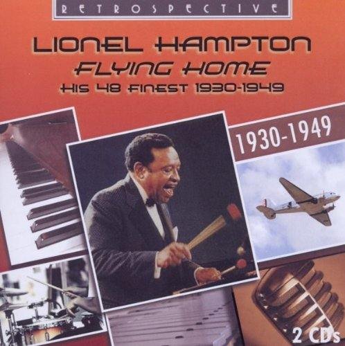 Red album cover with collage of jazz instruments and man playing vibraphone.