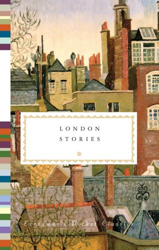 "Book cover with 'London Stories' title, featuring a painting of London rooftops and chimneys."