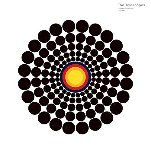 "Album cover featuring a spiral pattern of black circles around a multicolored center."