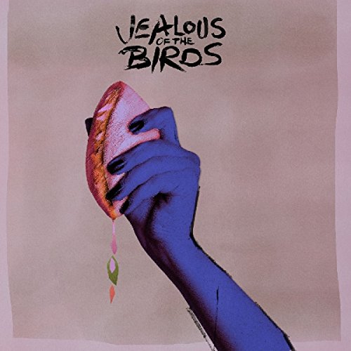 The image is an album cover for "Jealous" by The Jealous Sound, featuring a hand holding a moth. * The hand is in the center of the image, with the palm facing upwards and the fingers curled around the moth. + The hand is painted blue, with black nail polish on the fingernails. + The moth is pinkish-white with orange and black markings on its wings. + The moth appears to be dripping a substance, possibly saliva or blood