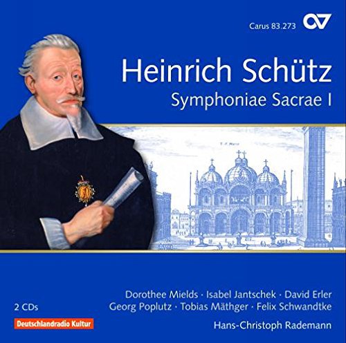 CD cover with portrait of Heinrich Schütz and building illustration on blue background.