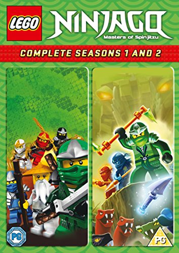 "Lego Ninjago DVD cover featuring Lego characters and green background with red banner."