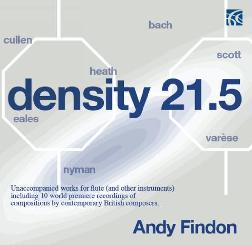 "Album cover with 'density 21.5' in large blue text, surrounded by composer names."