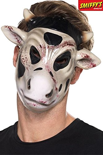 Man wearing a white cow mask with blood splatters and horns against a white background.