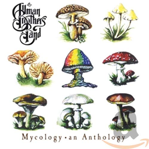The image depicts a CD cover titled "Mycology: an Anthology" featuring a collection of nine mushrooms, each with distinct characteristics. The title is written in a stylized font at the bottom of the image, with the subtitle "an Anthology" in smaller text below. The background is white, providing a clean and simple backdrop for the illustrations. The mushrooms are arranged in three rows of three, showcasing a variety of shapes, sizes, and colors. Some have caps that are rounded and smooth