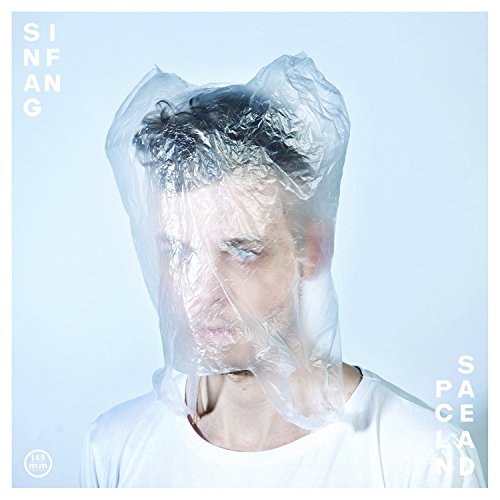 A man with a plastic bag over his head, vinyl album cover.