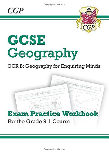 White workbook cover with green text, displaying "GCSE Geography" and sample pages inside.