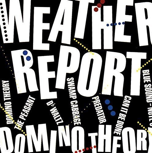 "Album cover with 'WEATHER REPORT' and 'DOMINO THEORY' in white on a black background."