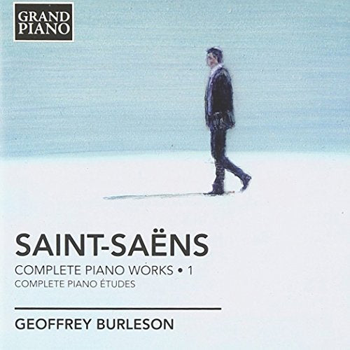 CD cover with man walking on snow, "Saint-Saëns" and "Geoffrey Burleson" text, Grand Piano logo.